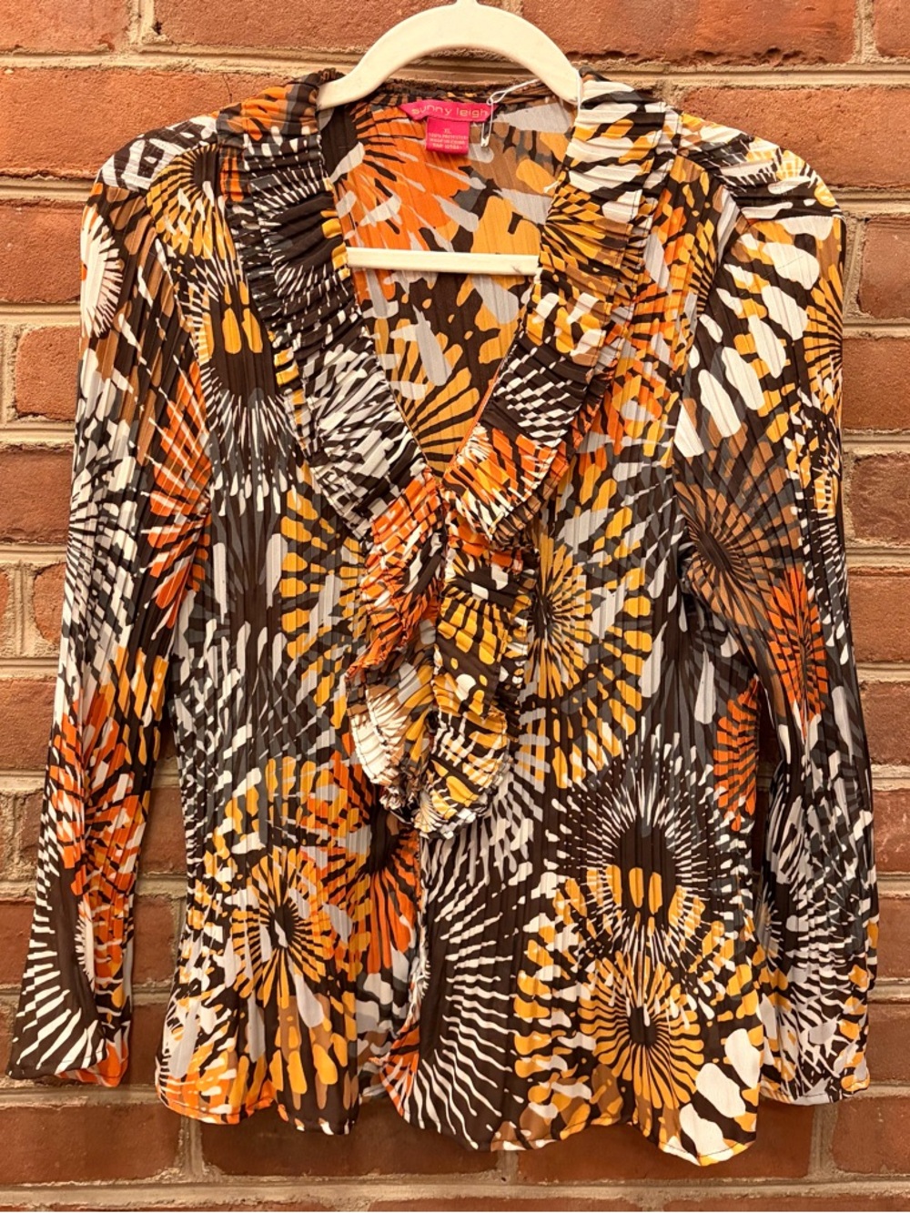 Y2K Sunny Leigh Orange Floral Ruffle V-Neck Accordion Blouse